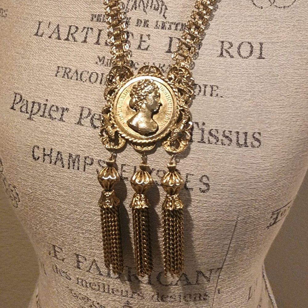 RARE Pauline Rader Coin & Tassels Statement Necklace Vintage Goldtone EUC